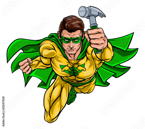 A super carpenter handyman hero man superhero holding a hammer