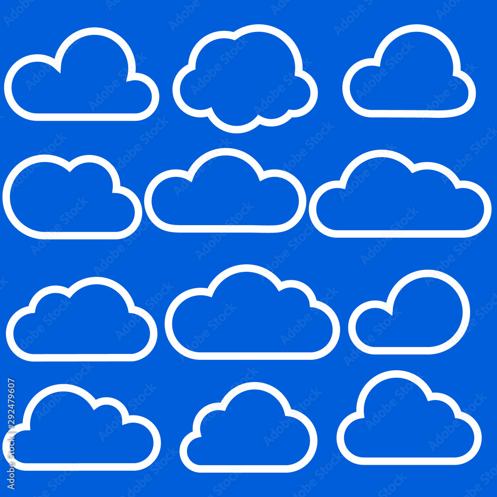 Set of clouds isolated on blue background. Weather signs. Collection of clouds icon. EPS 10 Set of clouds isolated on blue background. Weather signs. Collection of clouds icon. EPS 10