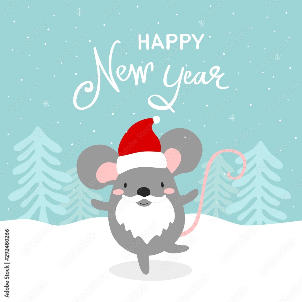 Happy New Year greeting card with cute rat, symbol of 2020 year. Chinese New Year. Vector illustration.