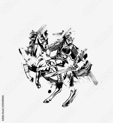 Spartan Spear Defensive Attack - Horse knight Vector illustration in silhouette.
