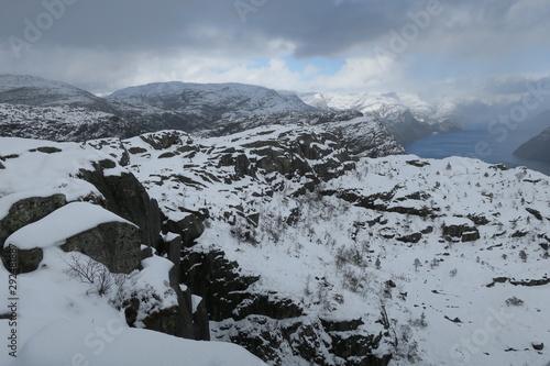 Preikestulen (Pulpit Rock) with snow in Norway in the spring
