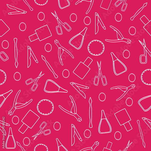 Pattern of manicure accessories on pink background