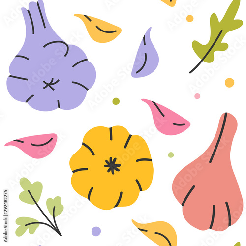 Garlic hand drawn vector illustration made as seamless pattern for kitchen textile fabric print. Colorful pastel drawing background of garlic with clove in trendy flat style. Decorative artwork.