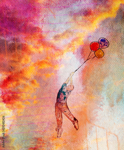 man holding balloons standing in front of fantasy storm,illustration painting