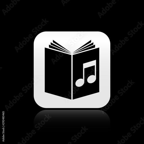 Black Audio book icon isolated on black background. Musical note with book. Audio guide sign. Online learning concept. Silver square button. Vector Illustration