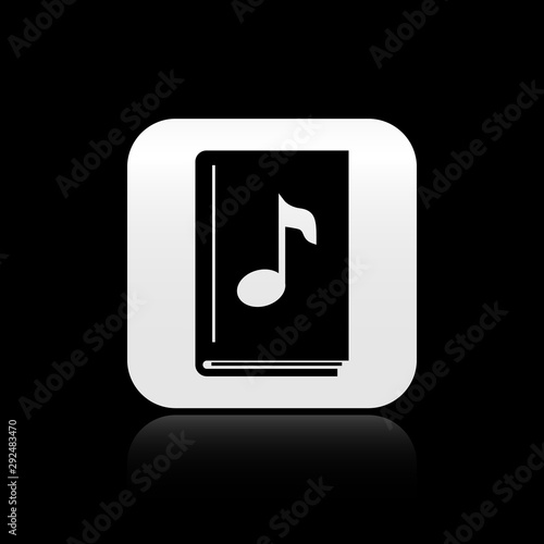 Black Audio book icon isolated on black background. Musical note with book. Audio guide sign. Online learning concept. Silver square button. Vector Illustration