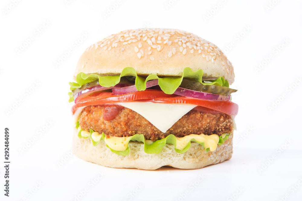 Delicious fast food. Big cheeseburger isolated on white background Delicious fast food. Big cheeseburger isolated on white background