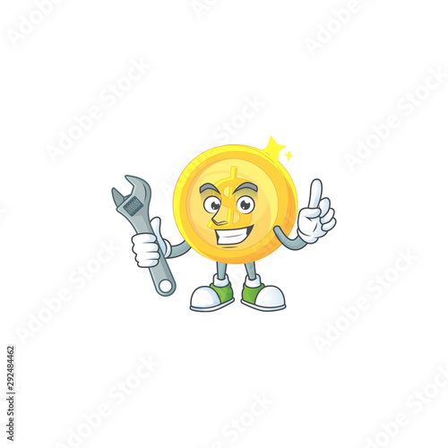 Mechanic gold coin cartoon character mascot style