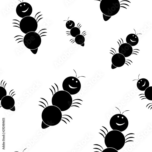 Seamless monochrome pattern  flat crawling smiling centipedes  silhouettes of caterpillars  insects  ants.