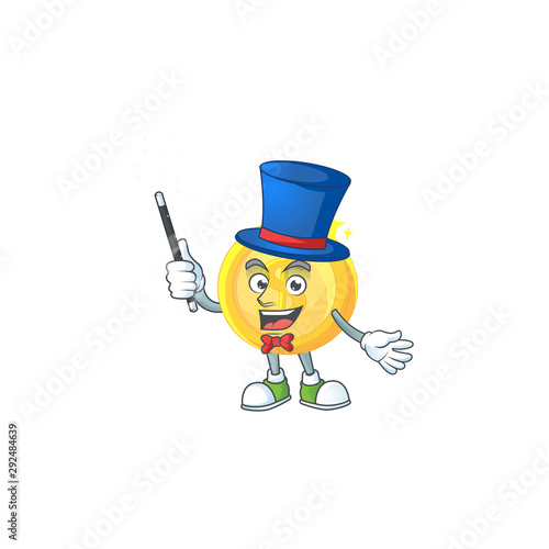 Magician gold coin cartoon character mascot style