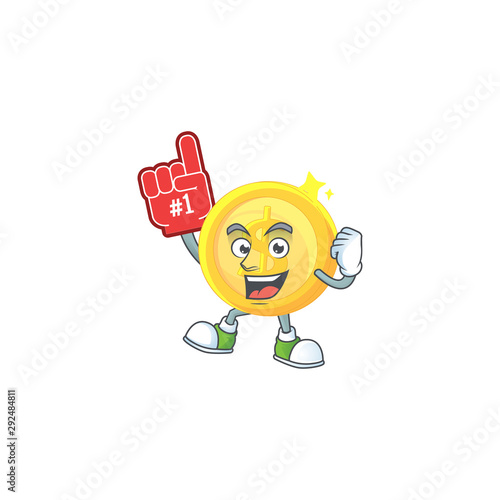 Foam finger gold coin cartoon character mascot style