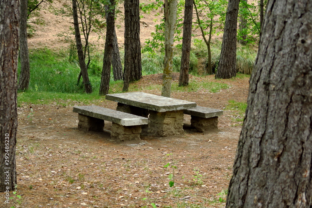 Tables et bancs de pique-nique en pierre dans la forêt. Tables et bancs de pique-nique en pierre dans la forêt.