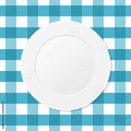White plate on a blue checkered tablecloth. Empty dish on a kitchen table cloth. Seamless pattern. Table setting for dinner. Meal, plaid blue table cover. Top view. Vector illustration, flat,clip art.