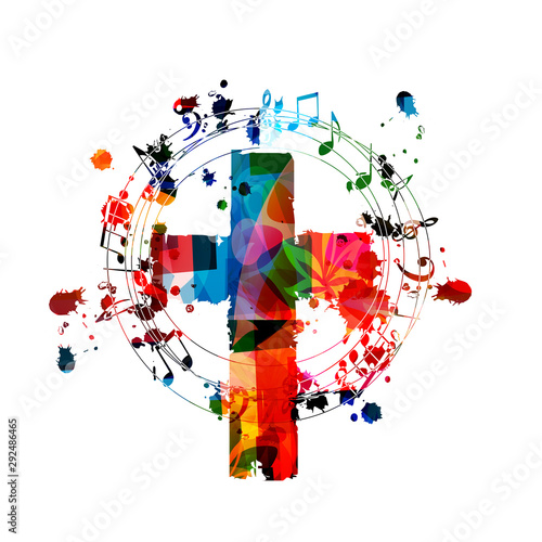 Colorful christian cross with music notes isolated vector illustration. Religion themed background. Design for gospel church music, concert, festival, choir singing, Christianity, prayer 