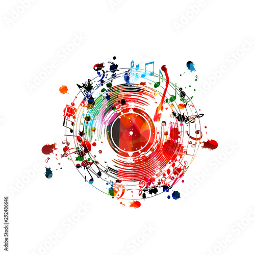 Photo Colorful music background with music notes and vinyl record disc isolated vector illustration design