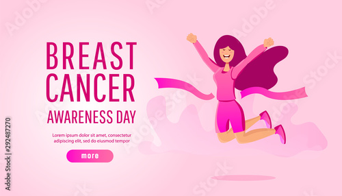 Breast cancer awareness illustration concept of running sport or charity run with young girl running