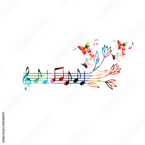 Music background with colorful music staff and butterflies isolated vector illustration design. Artistic music festival poster, live concert events, party flyer, music notes signs and symbols 