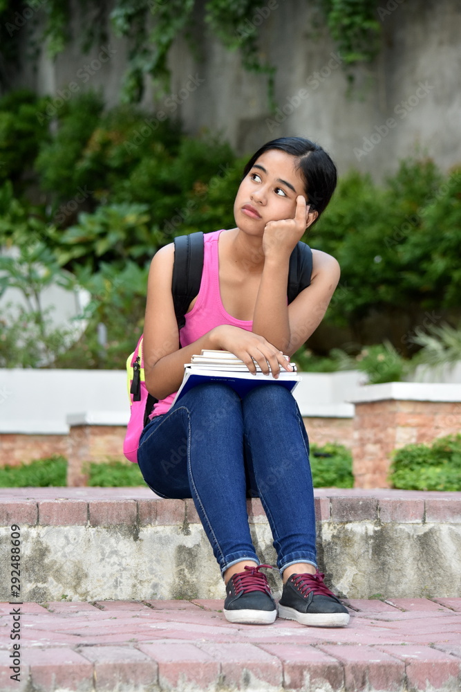 Student Teenager School Girl Thinking With Textbooks Student Teenager School Girl Thinking With Textbooks