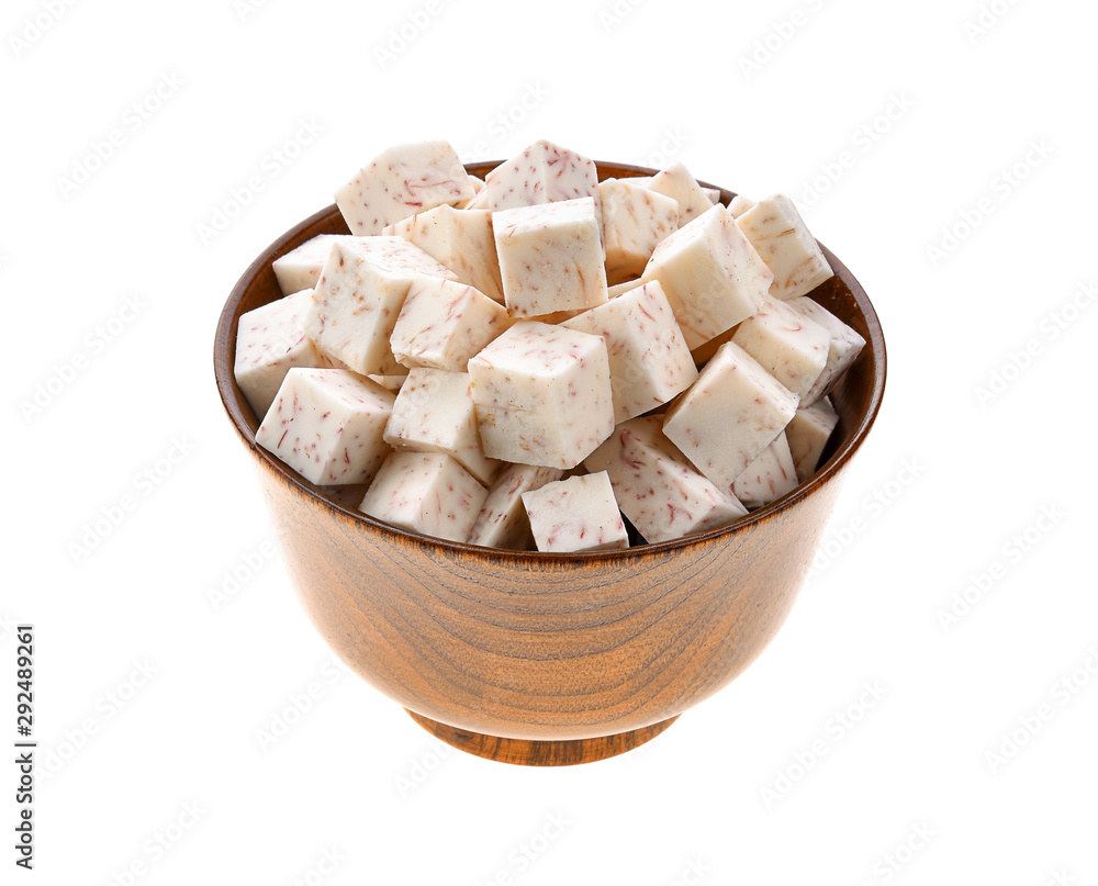 Taro isolated in wood bowl on white background Taro isolated in wood bowl on white background