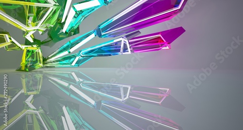 Abstract architectural white and glass gradient color interior of a minimalist house with color gradient neon lighting. 3D illustration and rendering.