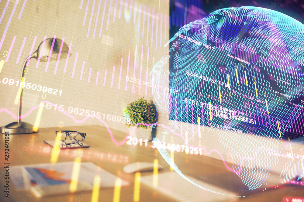 Multi exposure of forex graph and work space with computer. Concept of international online trading. Multi exposure of forex graph and work space with computer. Concept of international online trading.