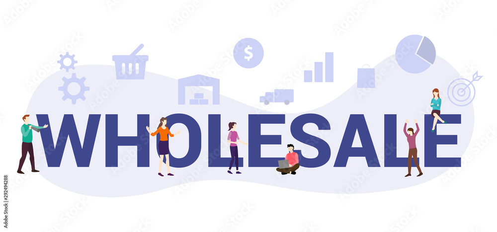 wholesale business concept with big word or text and team people with modern flat style - vector