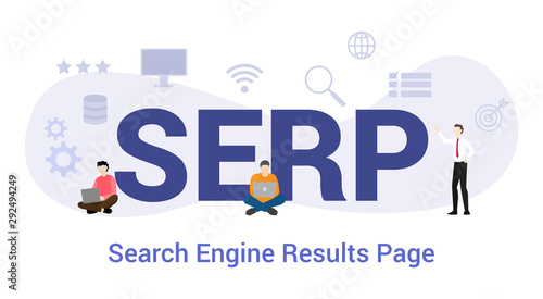 serp search engine results page seo concept with big word or text and team people with modern flat style - vector