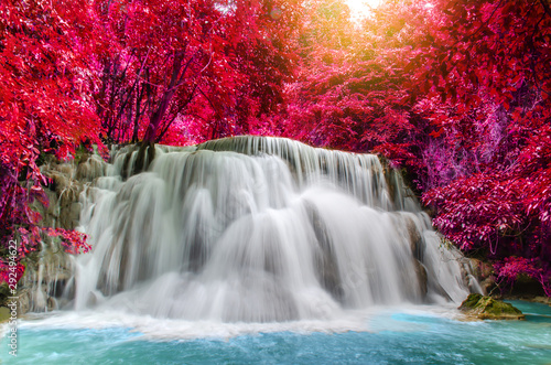 Travel to the beautiful waterfall in deep rainforest in autumn  soft water of the stream in the natural park at Huai Mae Khamin Waterfall in Kanchanaburi  Thailand. 