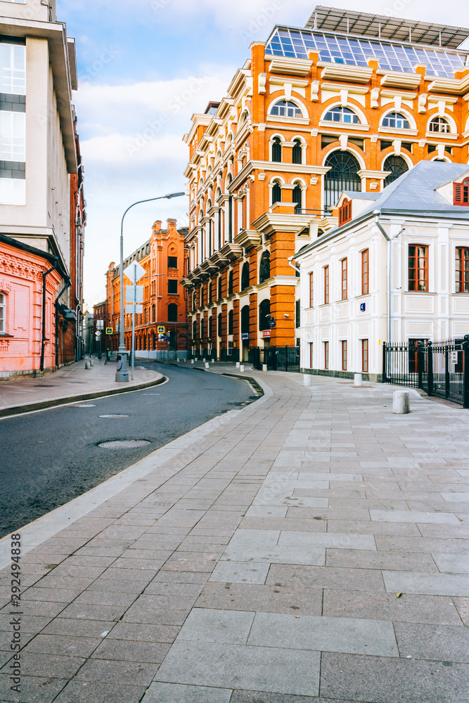 Morning view on five-storey red brick building in Moscow on the street 1-Y Golutvinskiy Pereulok, 6