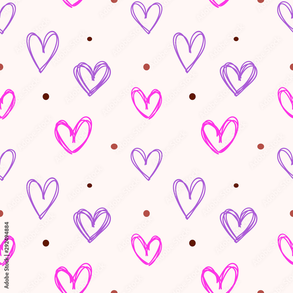 Love pattern with hand drawn doodle hearts. Valentines Day design.