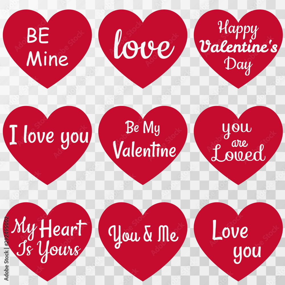 Set Of Happy Valentine's Day Lettering on hearts Set Of Happy Valentine's Day Lettering on hearts