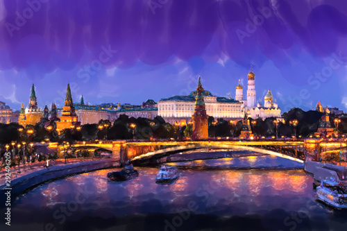 Illuminated Moscow Kremlin, Kremlin Embankment and Moscow River at night in Moscow, Russia. Watercolor style. photo
