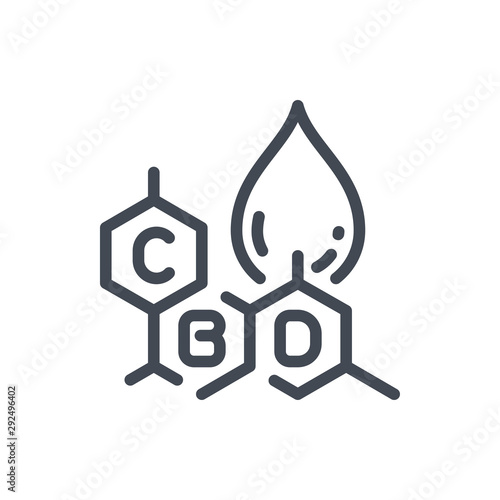 CBD chemical formula line icon. Molecule of canabis with oil drop vector outline sign.