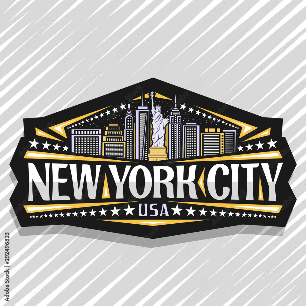 Vector logo for New York City, dark decorative label with statue of