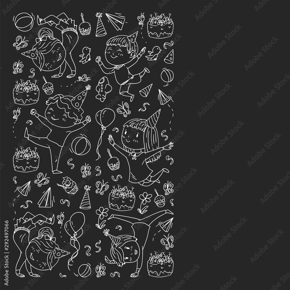 Vector illustration in cartoon style, active company of playful preschool kids jumping, at a party, birthday. monochrome chalk drawing on blackboard.