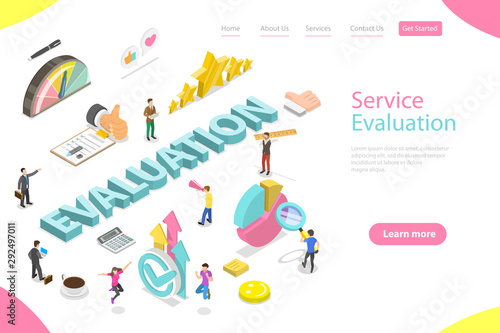 Isometric flat vector landing page template of services evaluation, employee merit determination and development, quality assessment and improvement processes and techniques.