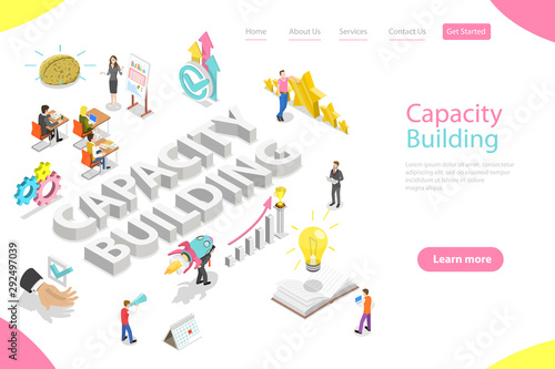 Isometric flat vector landing page template of capacity building, process of skills obtaining, improving and retaining, process of a organization and personal development.