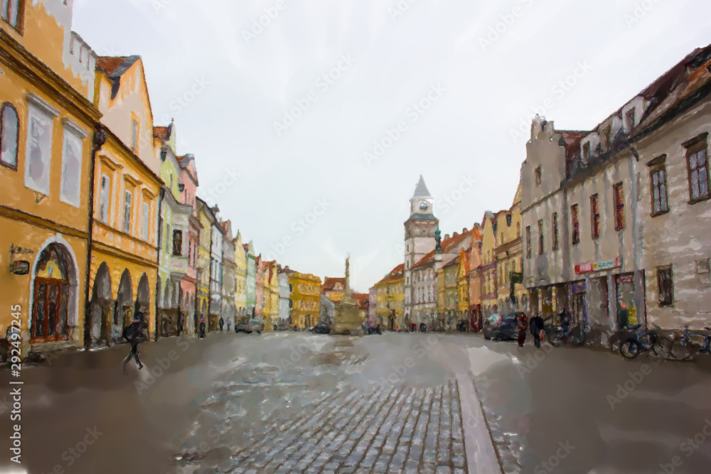 Downtown in Trebon, Czech Republic - Watercolor style.