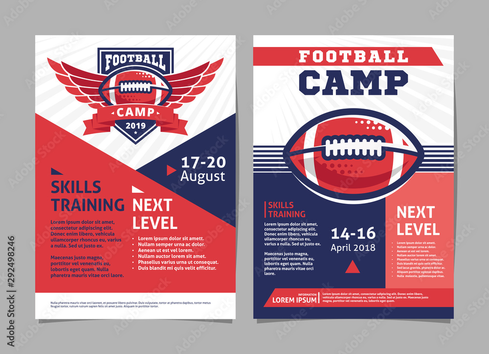 Fototapeta premium Amerykańskie plakaty obozów piłkarskich, ulotki z piłką do futbolu amerykańskiego - szablon wektor wzór