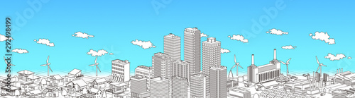 Urban, residential and factory isometric line drawing blue sky