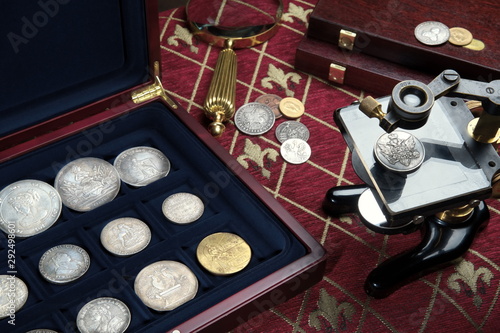 Antique coins and medals .Bonistics and numismatics collection.Magnifying glass, microscope.Russian Empire and world old money.Silver,gold.Vintage style