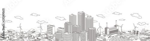 Urban, residential and factory isometric line drawing