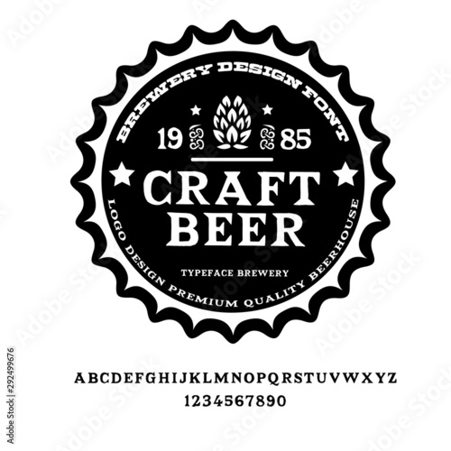 "Craft beer" typeface. Vector hand crafted font in medieval style with hops. Good for posters, alcohol label and festival invitation.Letters and numbers.Vector illustration.