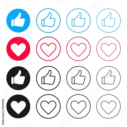 Thumb up and heart icon isolated on white background. Vector like and love button for website, mobile app and ui. Colored line icons.