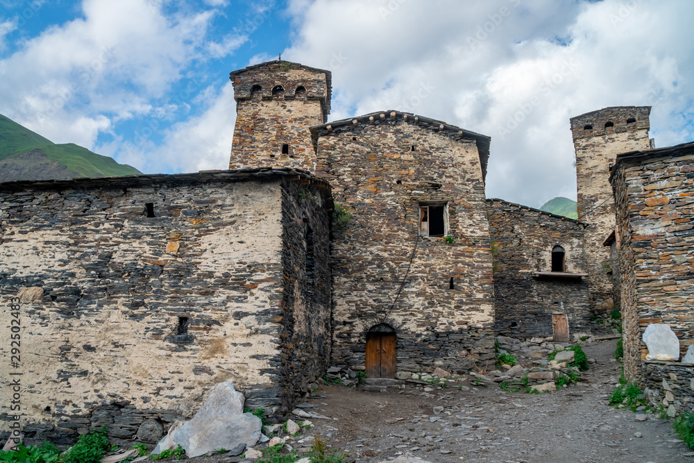 Traditional ancient Svan Towers in Ushguli village, Svaneti, Caucasus. Georgia. Travel.