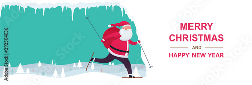 Santa Claus with bag gift skiing on snowy hills with icicles.