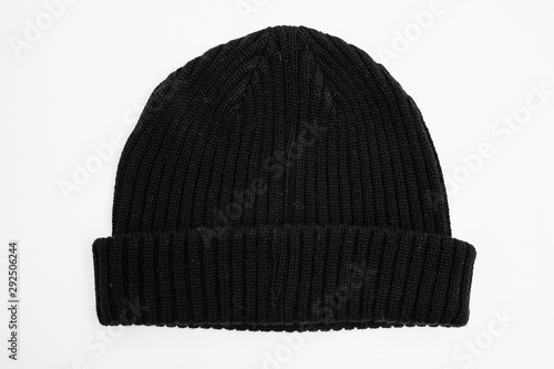black wool beanie isolated for wintertime on white background