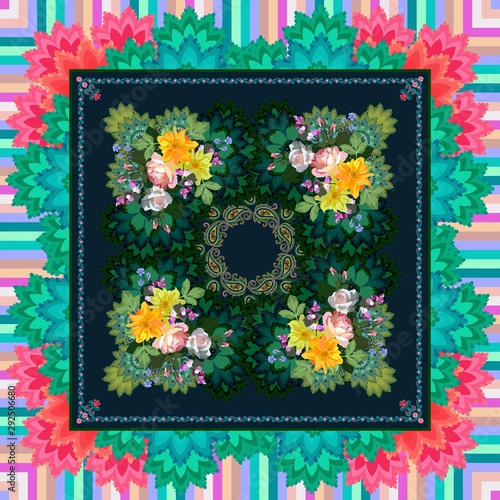 Unusaly shawl or tablecloth with bouquets of garden flowers and paisley wreath on complicated green background with funny bright ornamental border.