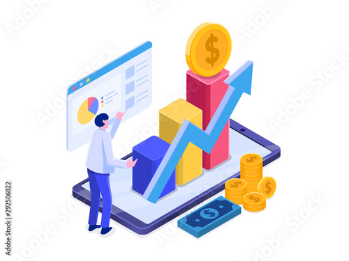 Online Investment with Mobile phone Concept. Financial technology and Business investment Isometric Illustration. Template for anding page, template, ui, web, homepage, poster, banner, flyer