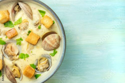 Clam chowder with fresh parsley and croutons, close-up shot from the top with a place for text